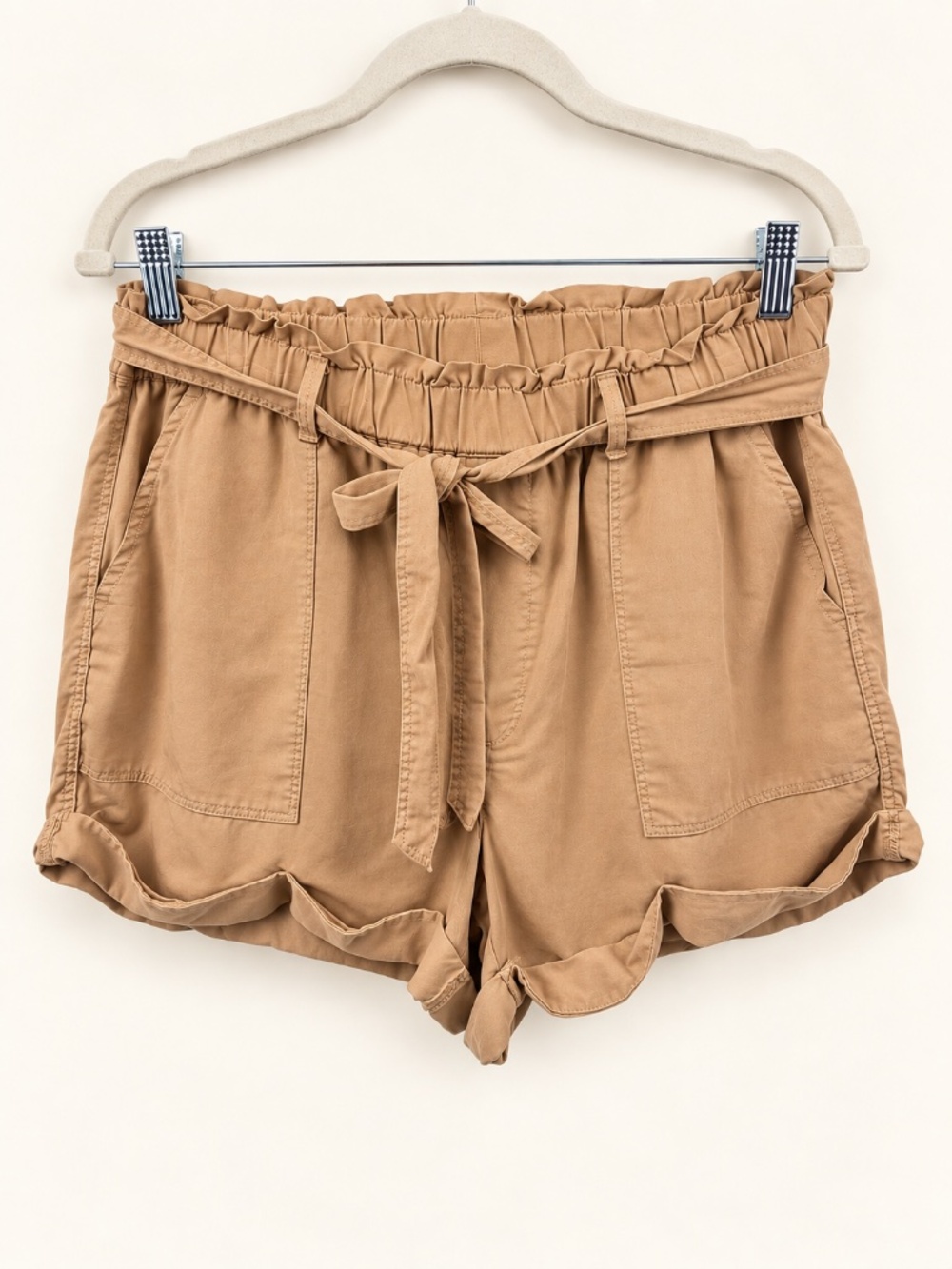 Aerie Tan Paperbag High Rise Tie Waist Ruffle Hem Utility Shorts
